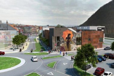 OC Point – vizualizácia v súčasnosti realizovaného architektonického a dopravného riešenia – pohľad od ESC